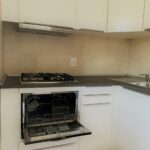 Cucina attrezzata con lavastoviglie aperta e cappa aspirante